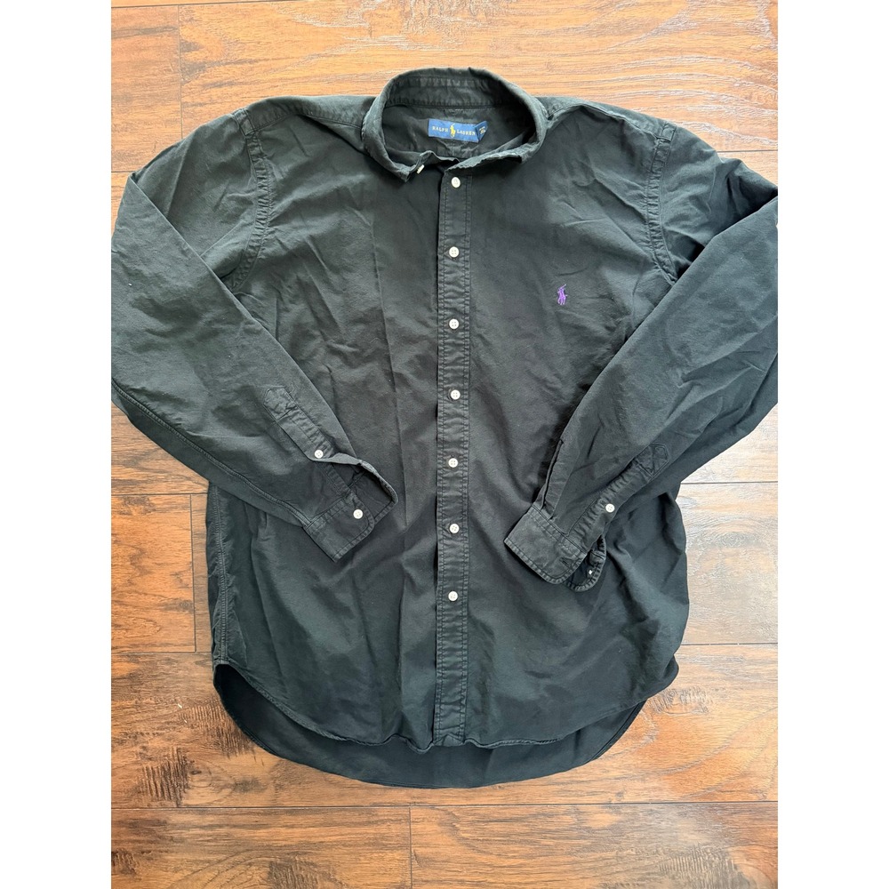 Ralph Lauren Mens Black Cotton Button Down Shirt Purple Pony Logo LT Tall